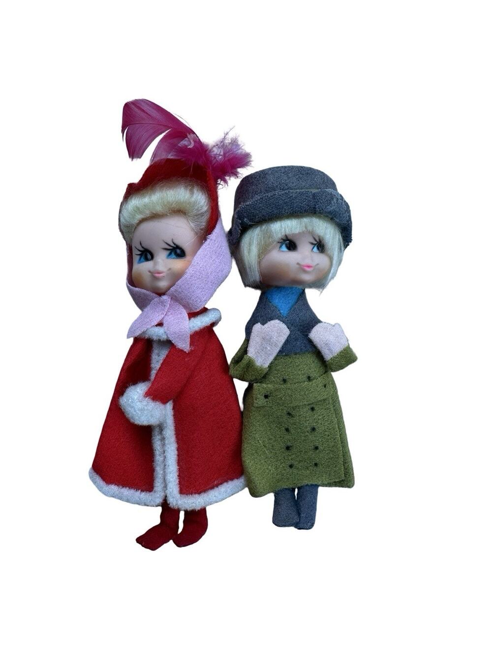Vintage Japan Christmas Caroler Dolls Pair Felt Big Eye MCM Holiday Figures